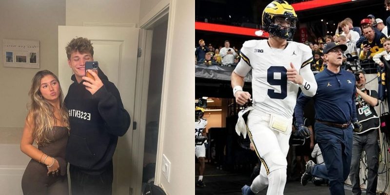 JJ McCarthys Freundin jubelt dem Michigan QB für den Gewinn des Bo Schembechler MVP Award zu