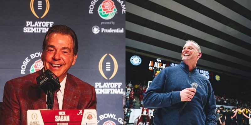 Der 7-fache Nationalmeister Nick Saban elektrisiert die Alabama-Fans mit seinem überraschenden Auftritt an der Seite von Kalen DeBoer im Coleman Coliseum